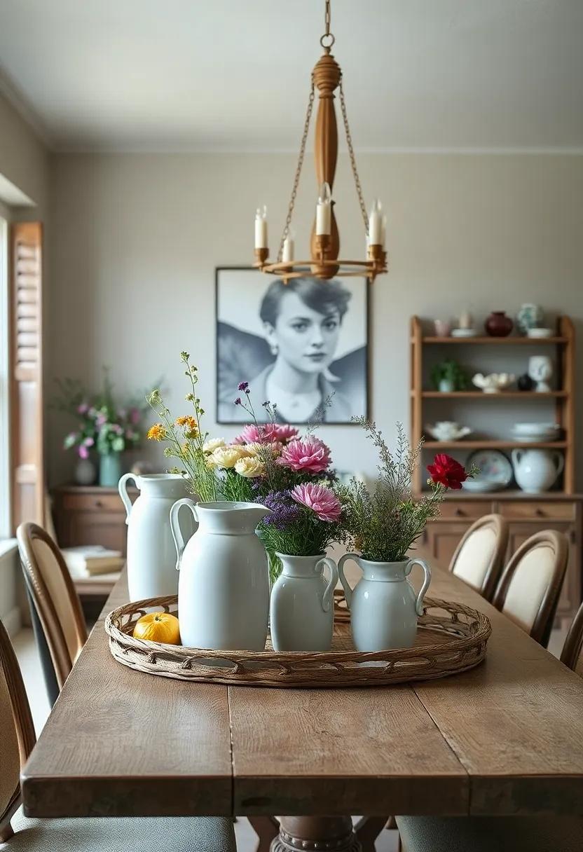 Classic French Baker's Racks Holding Porcelain Pitchers Filled with Wildflowers and Herbs