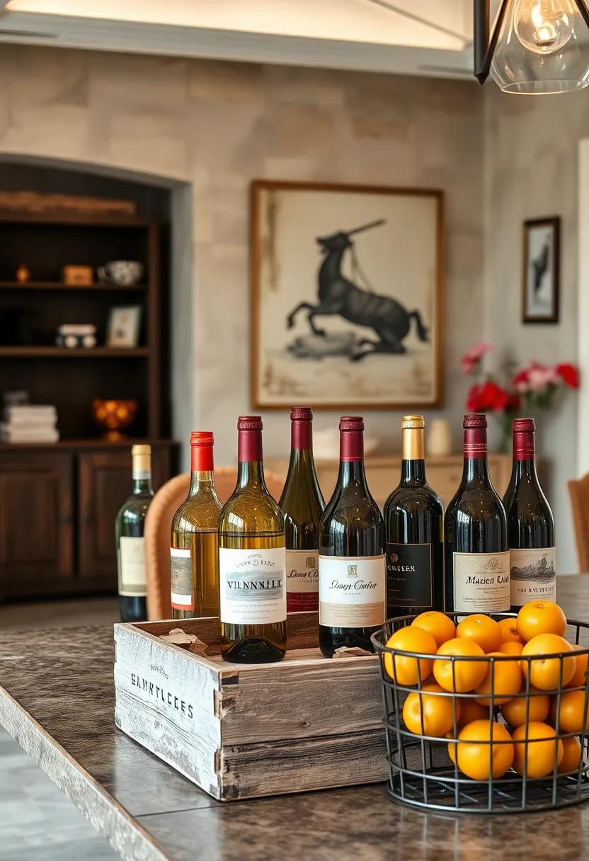 A Collection of Vintage Wine Bottles Displayed in Weathered Wooden Crates and Wire Baskets