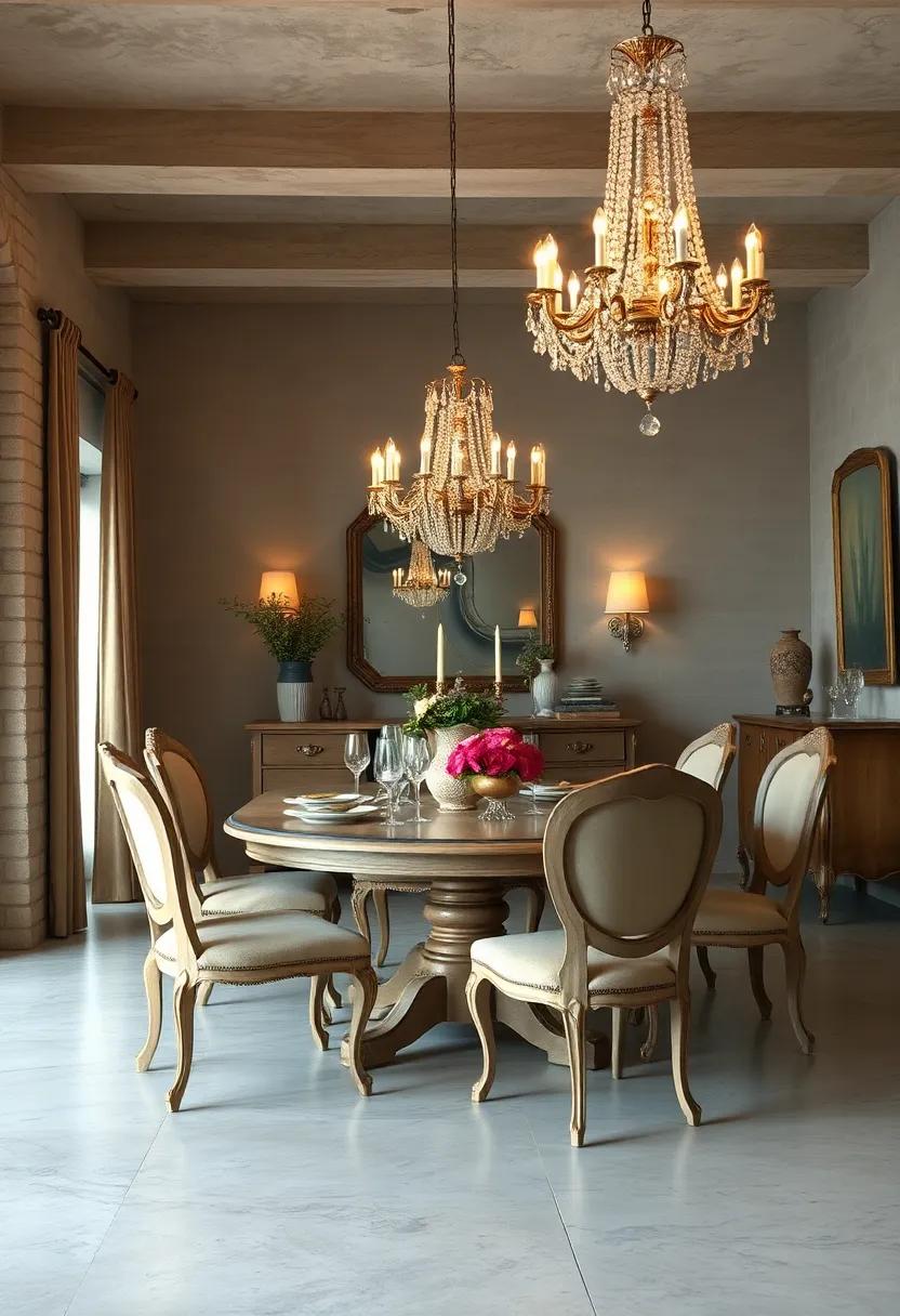 Elegant Crystal Chandeliers Casting Soft Glows Over Antique French Provincial Dining Sets
