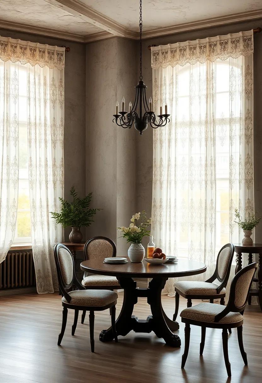 Intricate Lace Curtains Softly Billowing in Gentle Breezes Through Tall Windows of a Vintage Dining Space