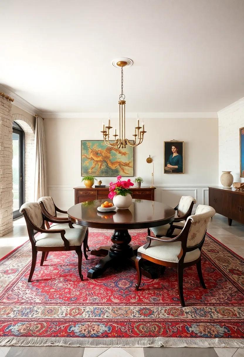 Intricately Patterned Oriental Rugs Layered Beneath Polished Mahogany Dining Tables