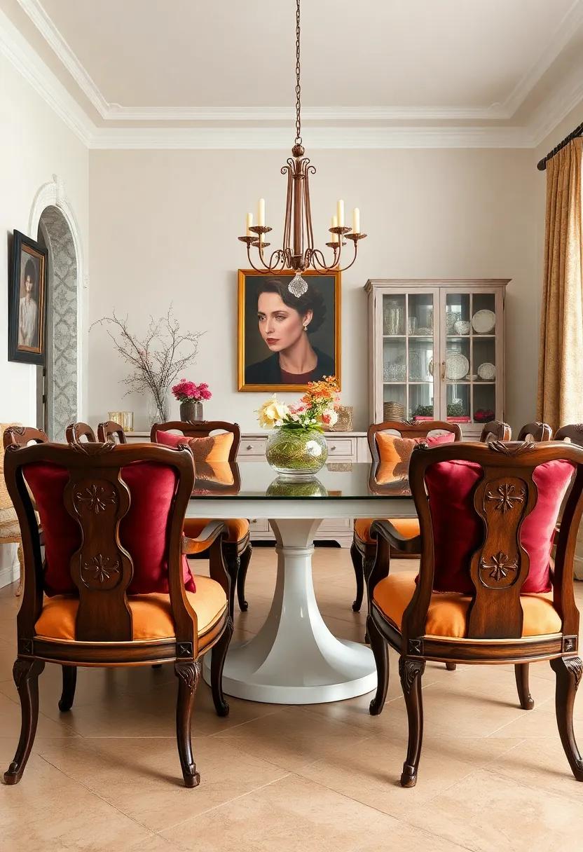 Opulent Velvet Cushions Arranged Neatly on Antique Bentwood Dining Chairs for Inviting Comfort