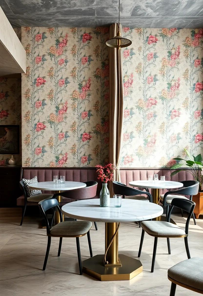 Rounded Marble-Topped Tables Nestled Against Richly Patterned Wallpaper with Floral Motifs