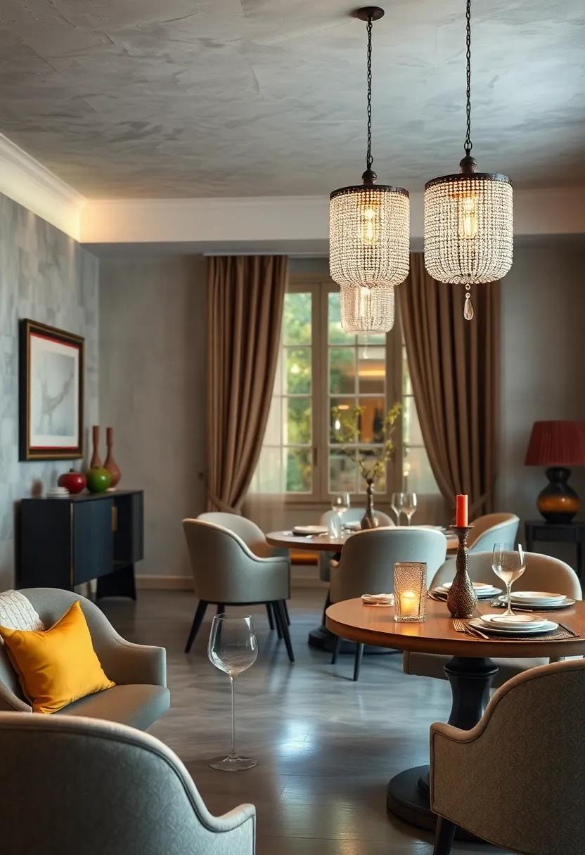 Soft Reflections of Hanging Beaded Crystal Pendants Above Oval Dining Tables Set for Evening Soirees