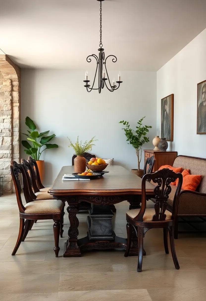 Timeless Charm of Handcrafted Wooden Dining Tables with Ornate Carvings and Vintage Patina Finishes