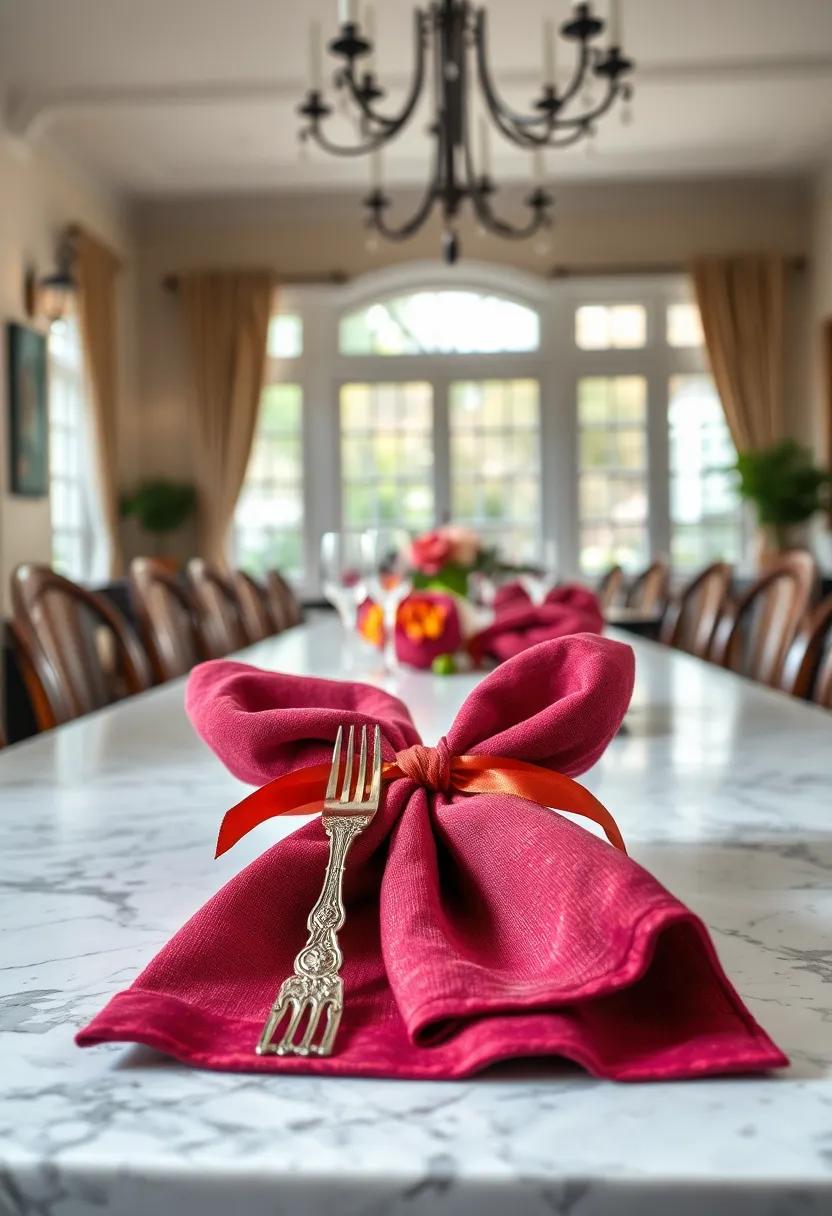 Vintage Silverware with Intricate Patterns Resting on Rich Velvet Napkins Tied with Satin Ribbons