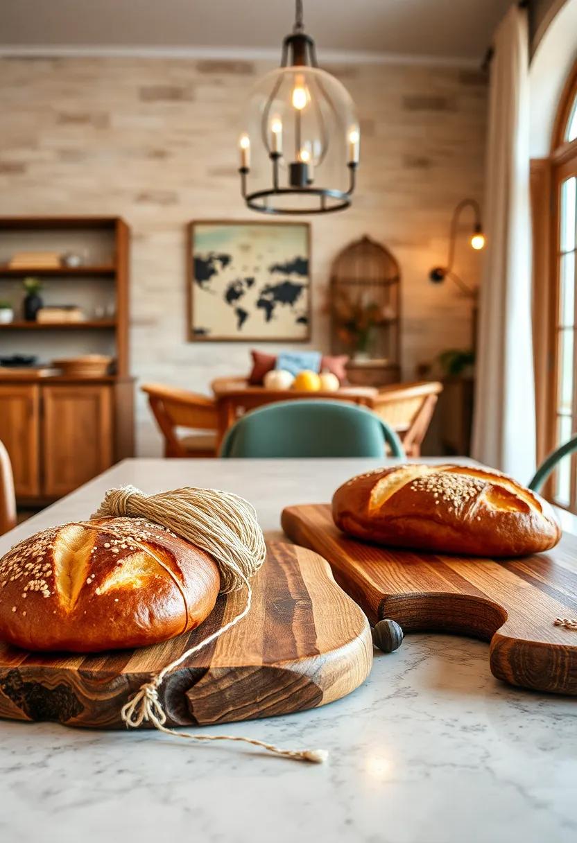 Vintage Bakers Twine Wrapped Around Freshly Baked Bread Loaves on Hand-Carved Wooden Cutting Boards