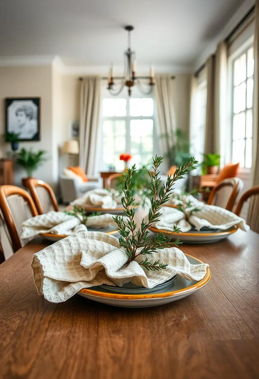 Waffle-Weave Linen Napkins Fanned Out on Hand-Painted Ceramic Plates Topped with Sprigs of Rosemary