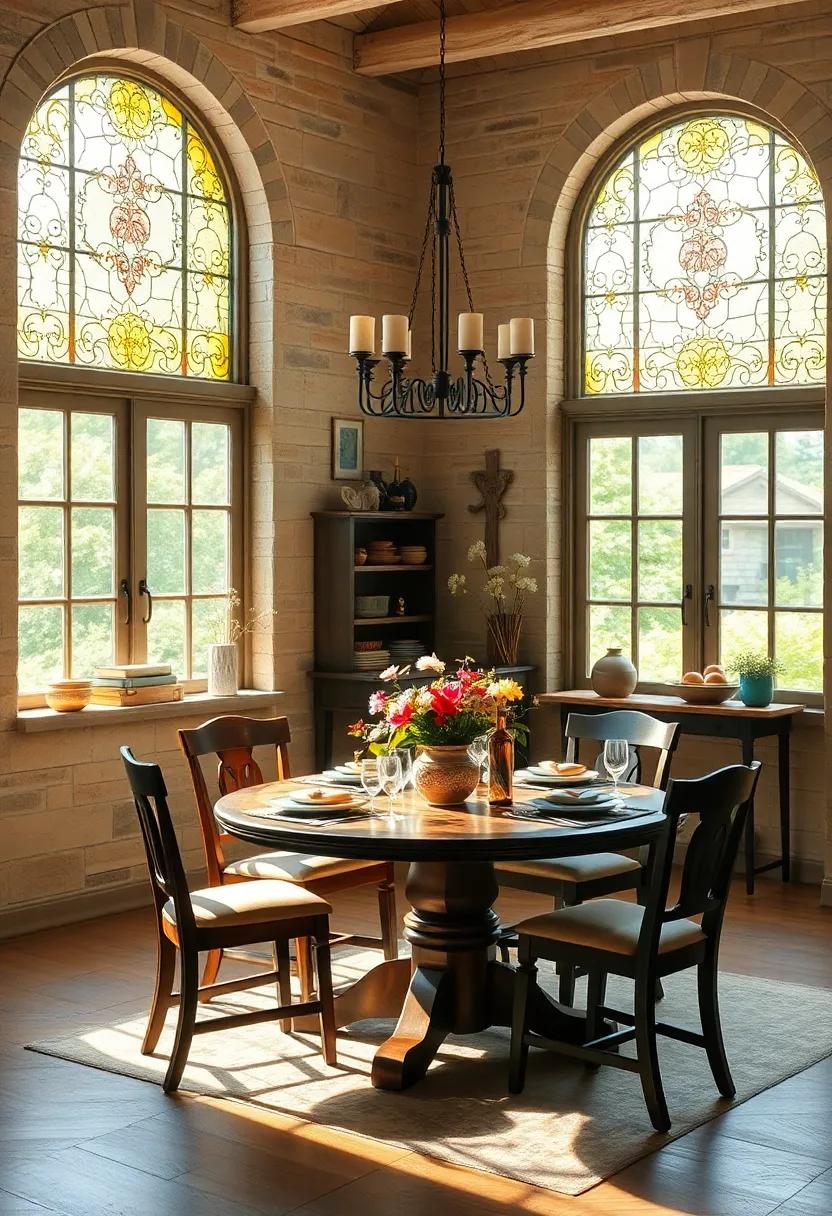 Warm Sunlight Filtering Through Stained Glass Windows Illuminating Rustic Farmhouse Dining Rooms