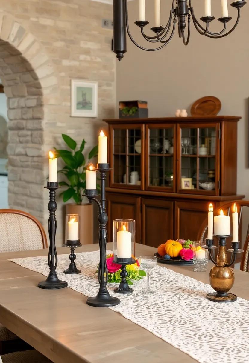 Wrought Iron Candelabras with Flickering Flames Nestled Among Antique Lace Runner Tablescapes