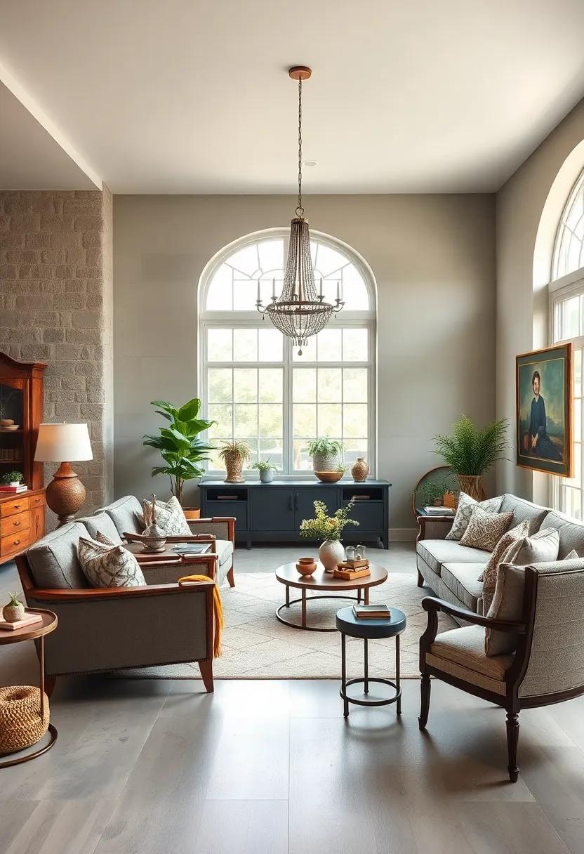 Timeless Elegance Showcasing Antique Furniture Blended With Modern Minimalist Elements In A Bright Living Room