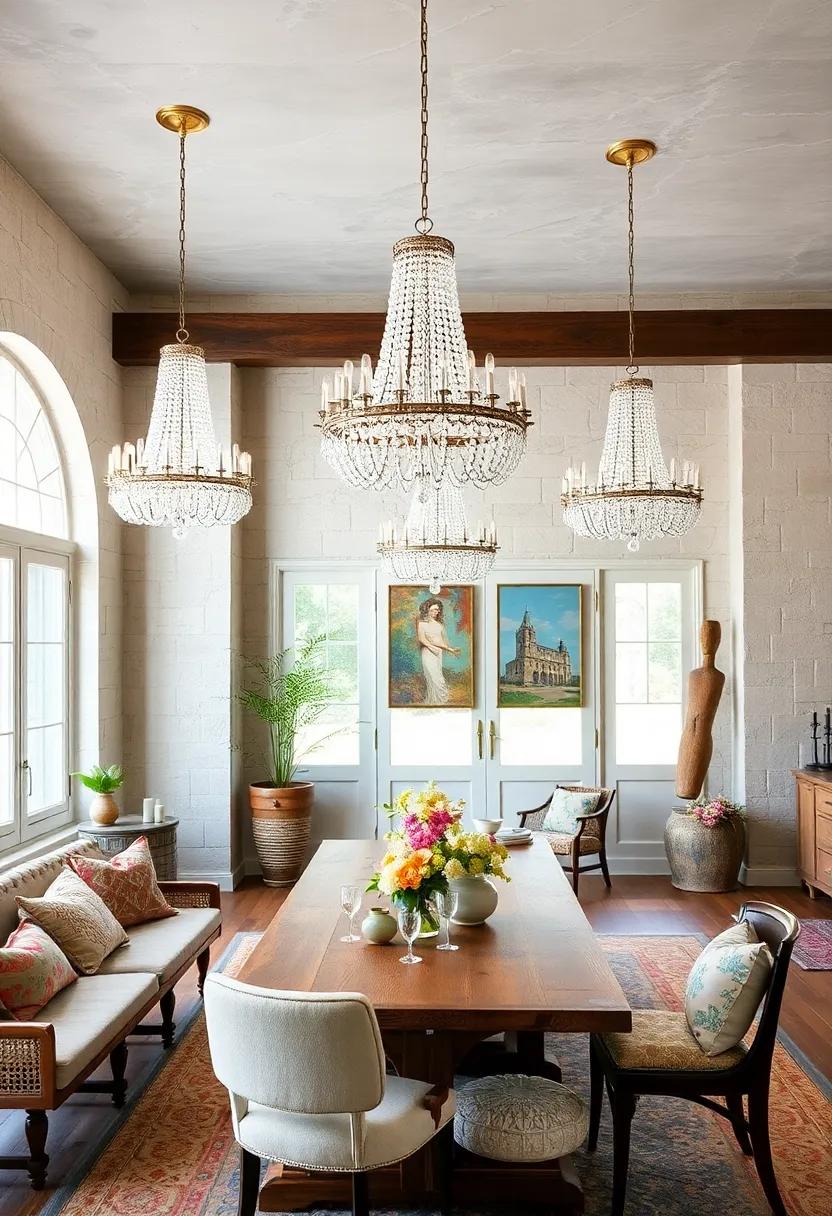 Elegant Crystal Chandeliers Hanging Over Rustic Farmhouse Tables Bridging Vintage Glam And Casual Chic