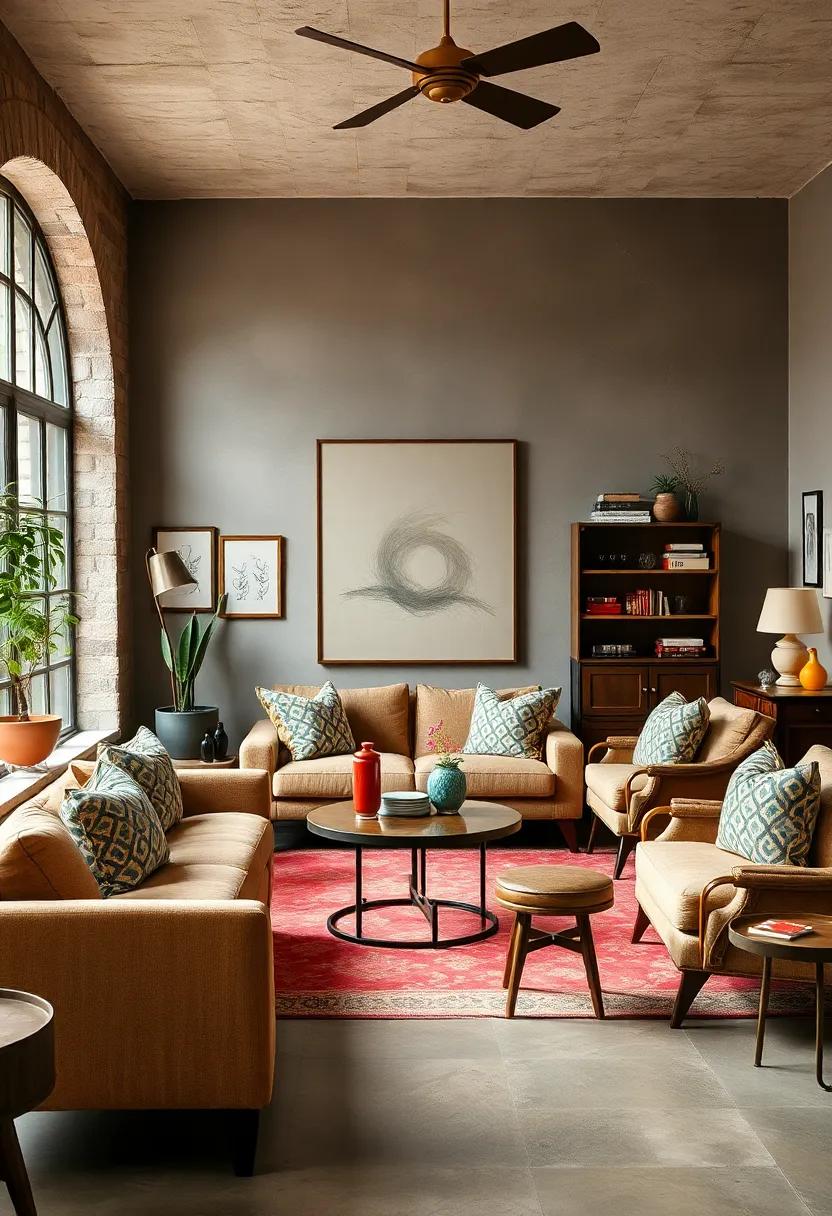 Mid Century Modern Styled Seating Mixed With Victorian Side Tables In An Eclectic Family Room Setting