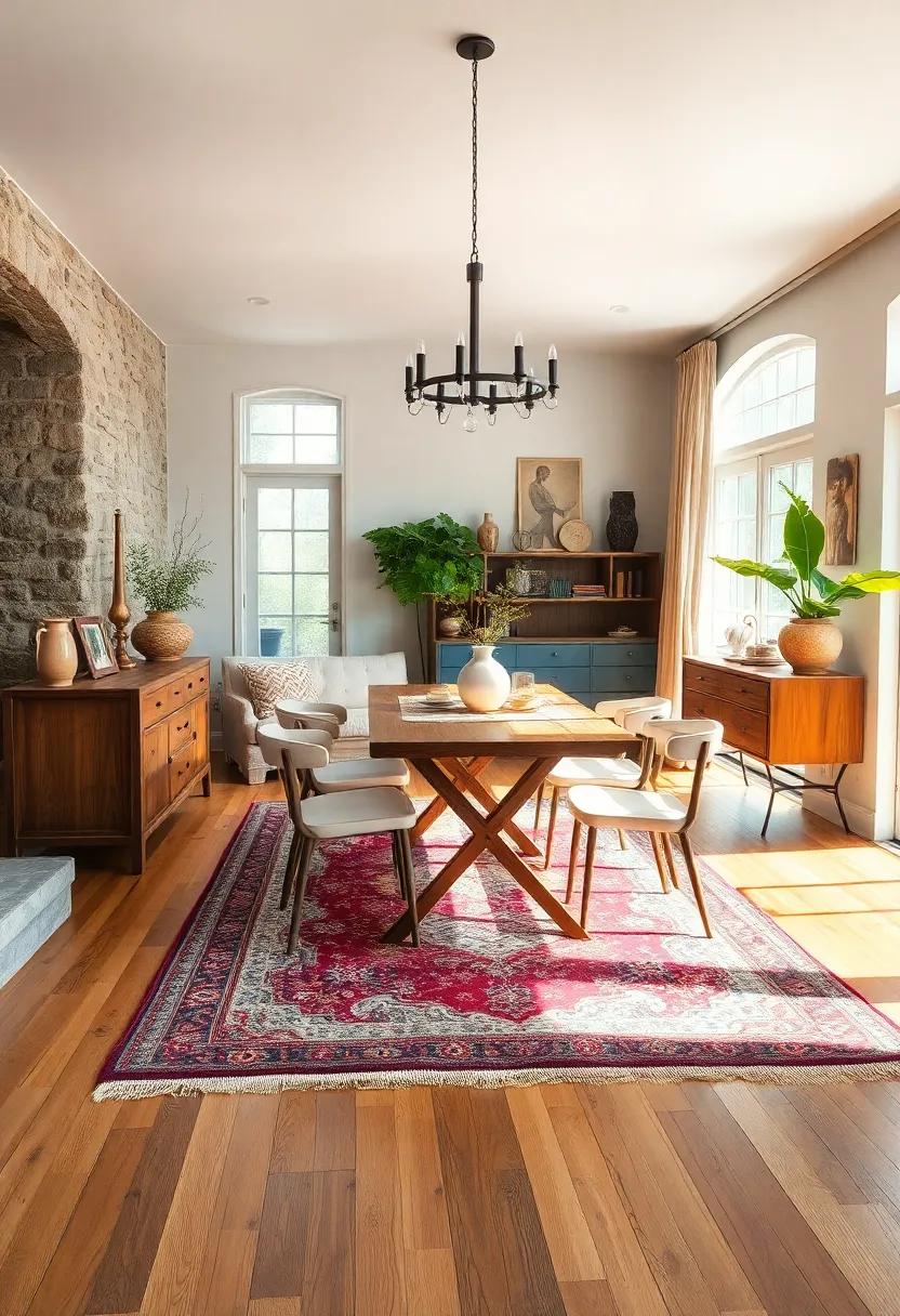 Vintage Rugs Layered Over Hardwood Floors Adding Warmth And Pattern In A Sunlit Dining Space