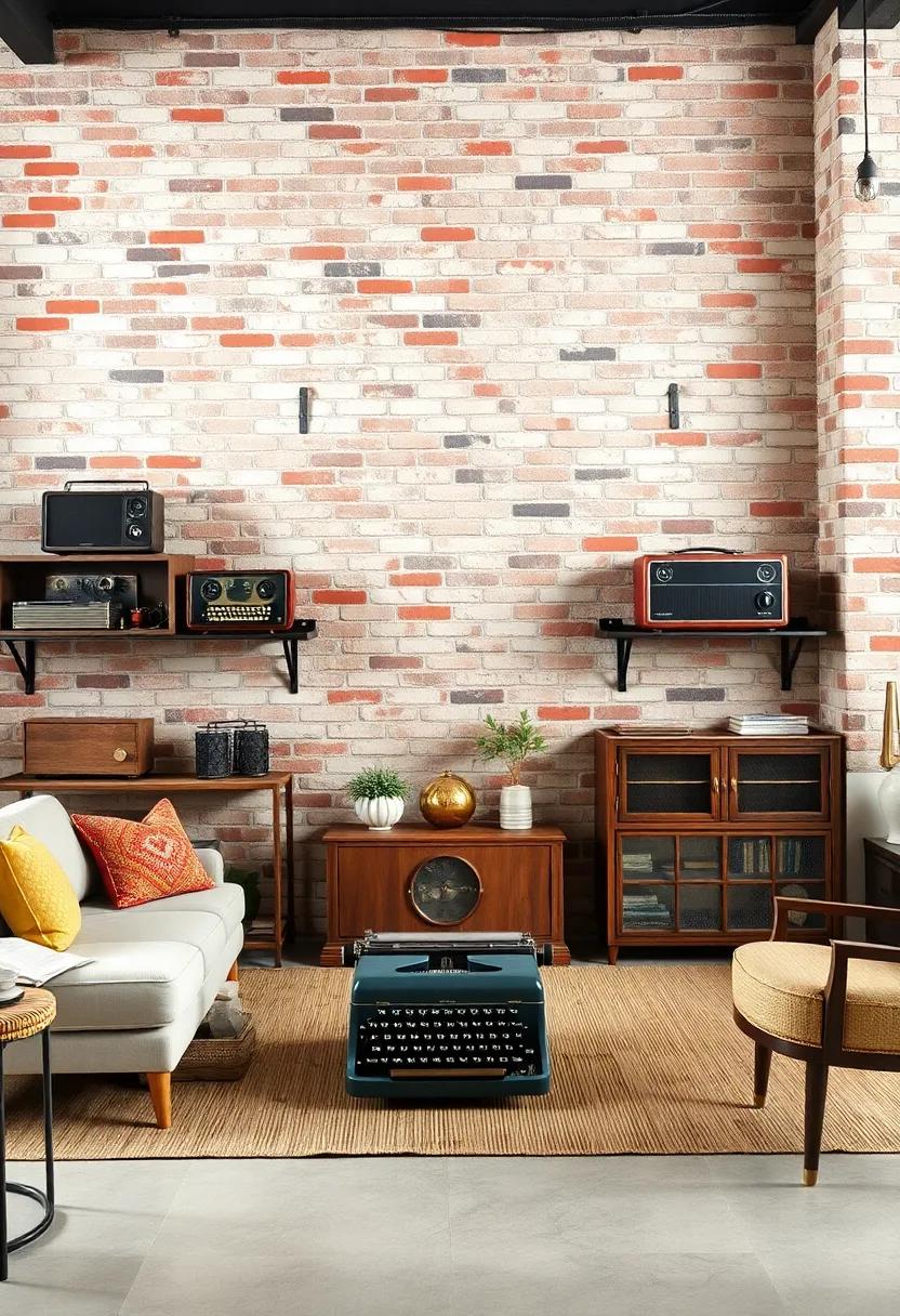 Classic Typewriters And Retro Radios Displayed As Conversation Pieces Against Industrial Style Exposed Brick Walls