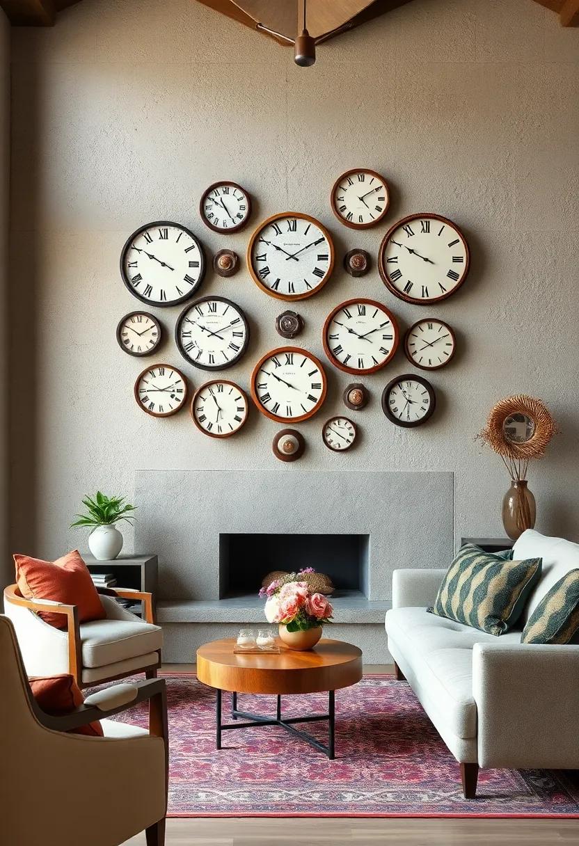 Decorative Vintage Clocks Of Various Sizes Arranged On A Feature Wall Creating A Time-Honored Focal Point