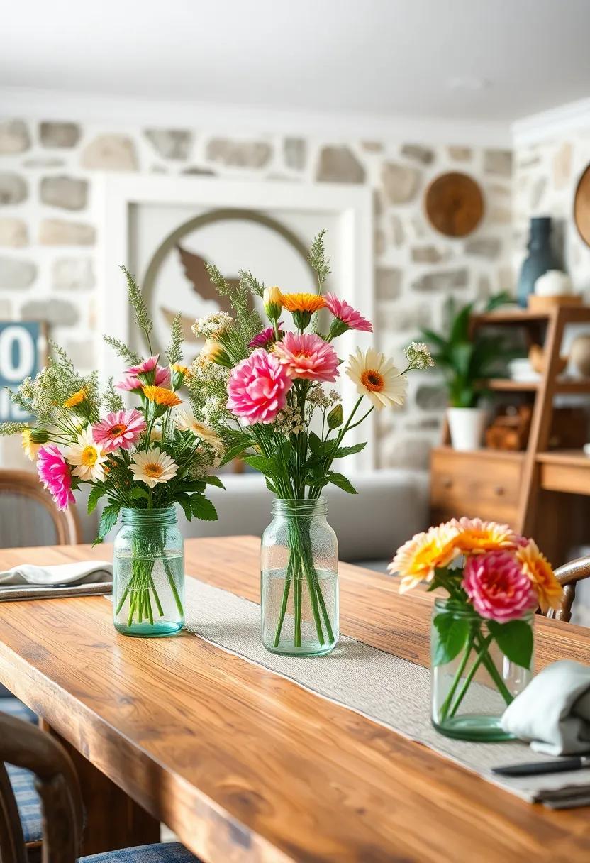 Fresh Cut Flowers Arranged In Vintage Mason Jars Bringing Life To Rustic Eclectic Dining Room Tables