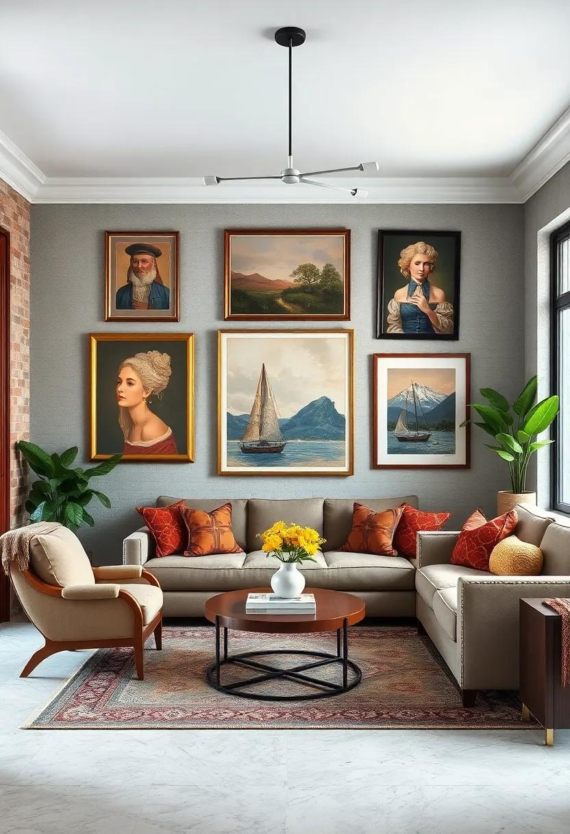Eclectic Wall Art Compositions Combining Classic Paintings And Contemporary Graphic Prints In A Cozy Reading Nook