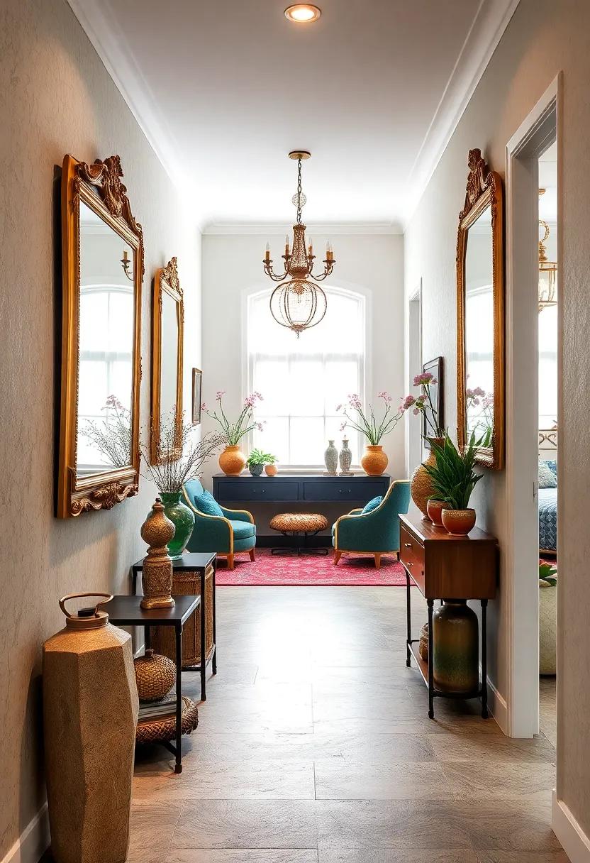 Ornate Mirrors With Gilded Frames Reflecting Light Amidst Eclectic Vintage Decorative Objects In A Hallway