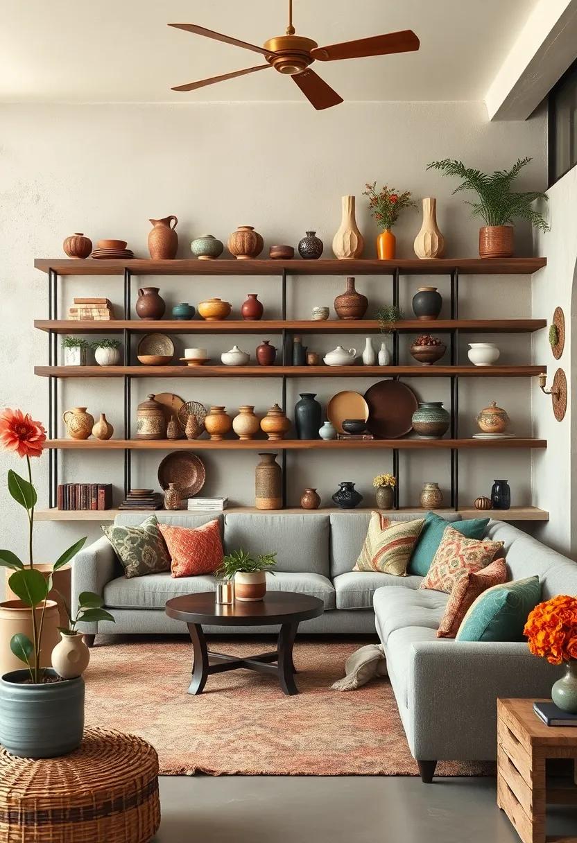 Artisan Handcrafted Ceramics Interspersed With Reclaimed Wood Shelving For An Earthy Vintage Display