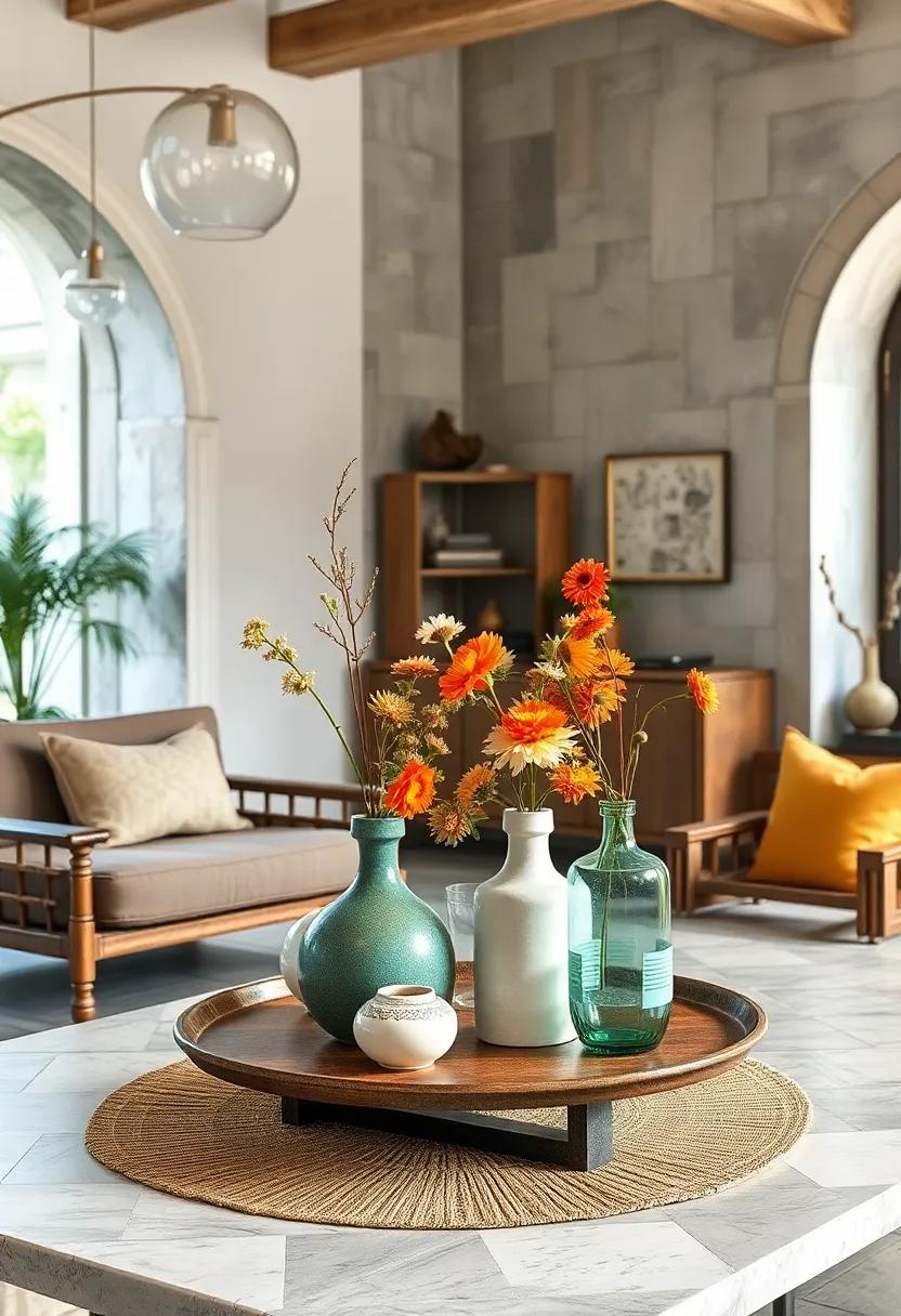Mixing Vintage Ceramic Vases And Modern Glassware As Centerpieces That Blend Old World Charm With Contemporary Style