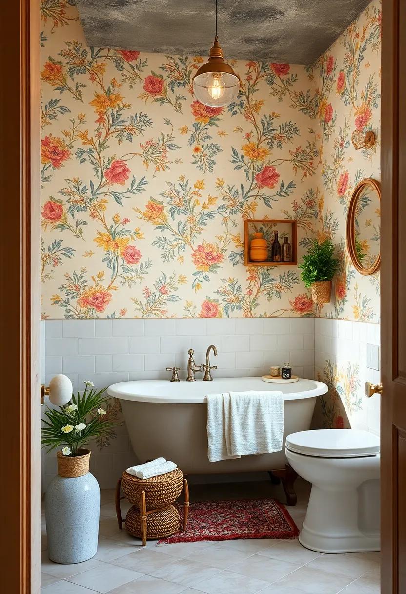 Intricately Patterned Wallpaper Featuring Floral And Geometric Designs Transforming A Small Bathroom Into A Vintage Sanctuary