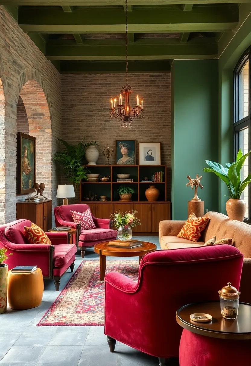 Velvet Upholstered Chairs And Chaises In Rich Jewel Tones Adding Depth And Luxury To Eclectic Seating Areas