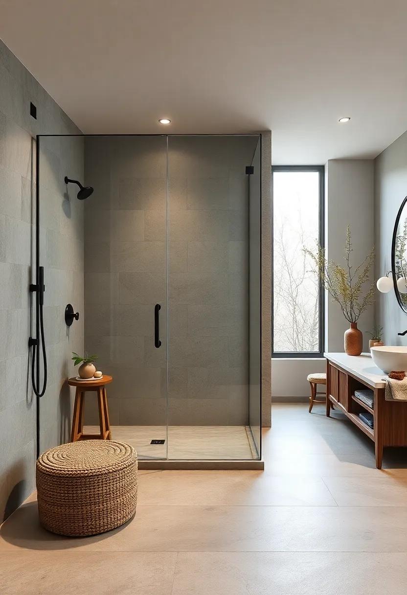 The Art of Mixing Textures: Glass Doors Paired with Rustic Wood Accents in Contemporary Bathrooms