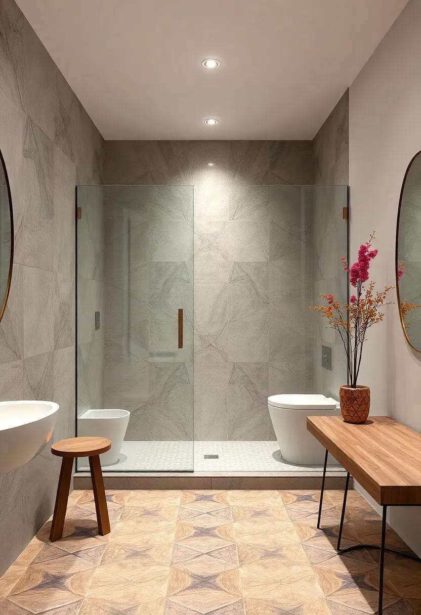 Balancing Bold Geometric Patterns on Floor Tiles with Clear Glass Shower Doors to Keep the Space Open