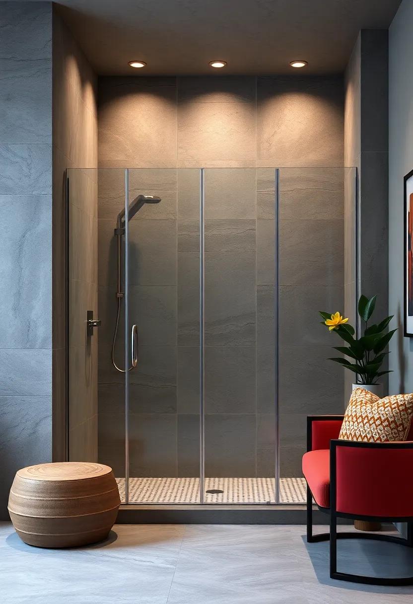 Seamless Integration of Walk-In Shower Glass Doors with Stone and Tile Backdrops for a Luxurious Look