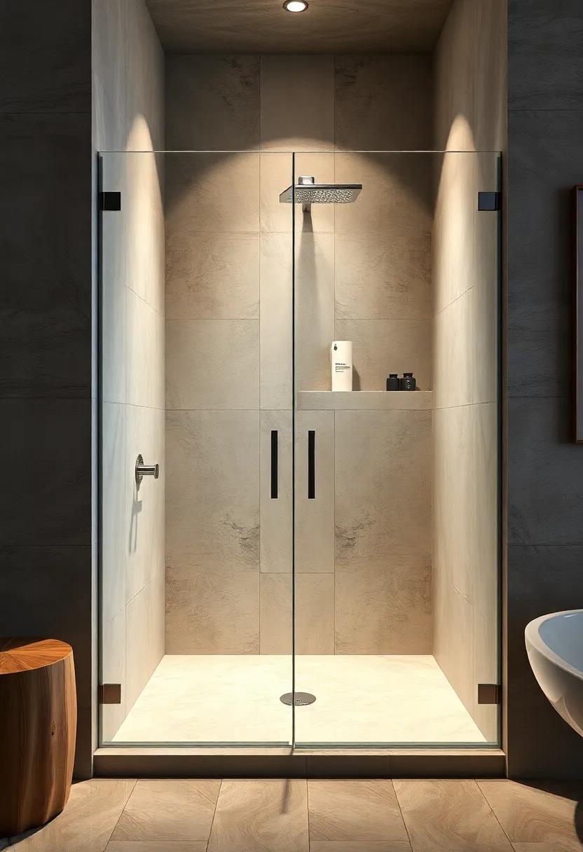 Subtle Color Accents Reflected Through Walk-In Glass Shower Doors to Enliven Neutral Bathroom Settings
