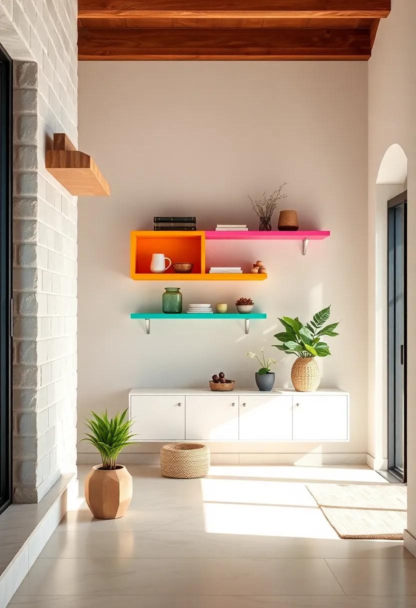 Color Pop Floating Shelves Bringing Vibrant Accents and Functional Storage to Neutral Entryway Walls