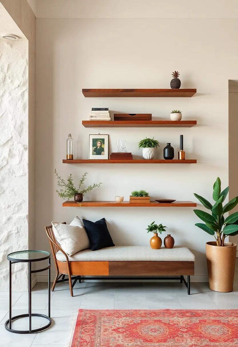 Contrasting Materials Wall Shelves Combining Wood, Metal, and Glass to Create Dynamic Entryway Statements