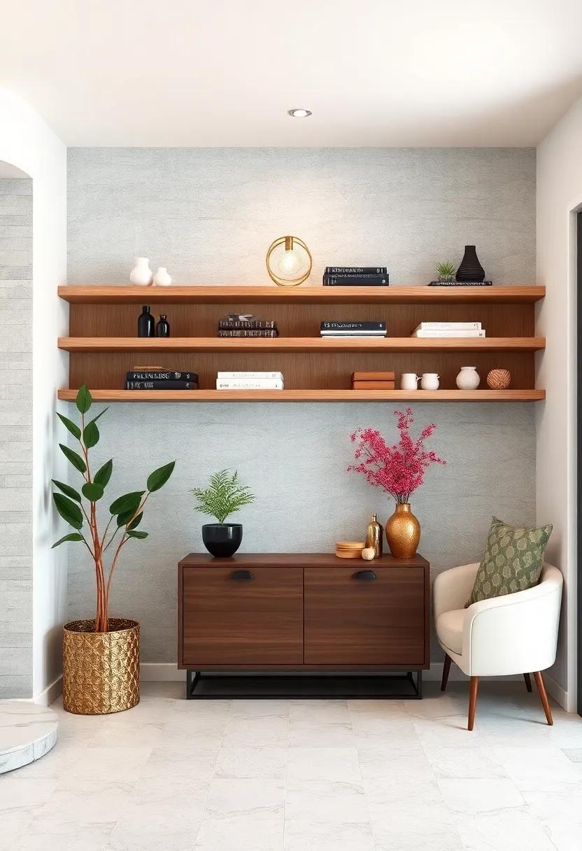 Layered Wood Grain Shelves Enhancing Natural Visual Depth and Warmth Within Transitional Entryway Designs
