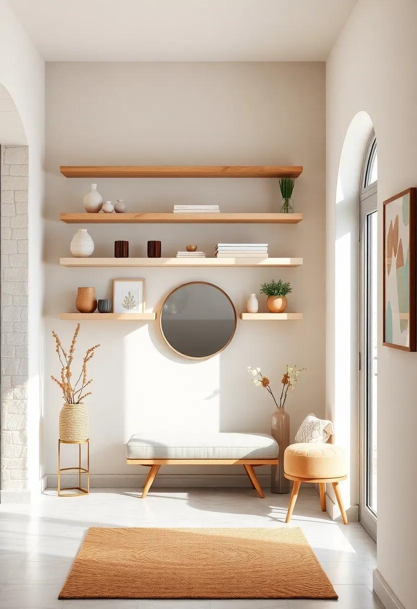 Neutral Toned Wall Shelves Featuring Soft Hues and Textures for Calm and Cozy Entryway Vibes