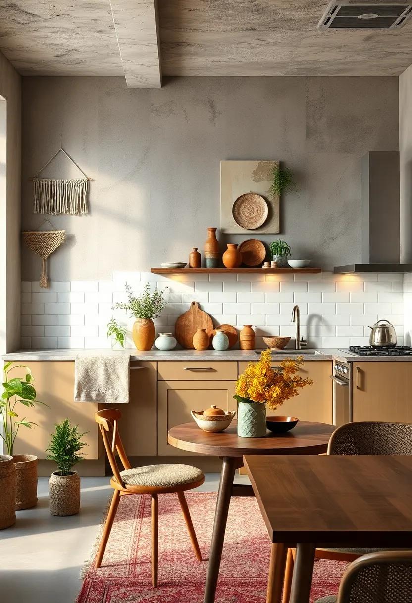 Artisan Wall Hangings and Handmade Pottery Creating Unique Focal Points in Cozy Kitchens
