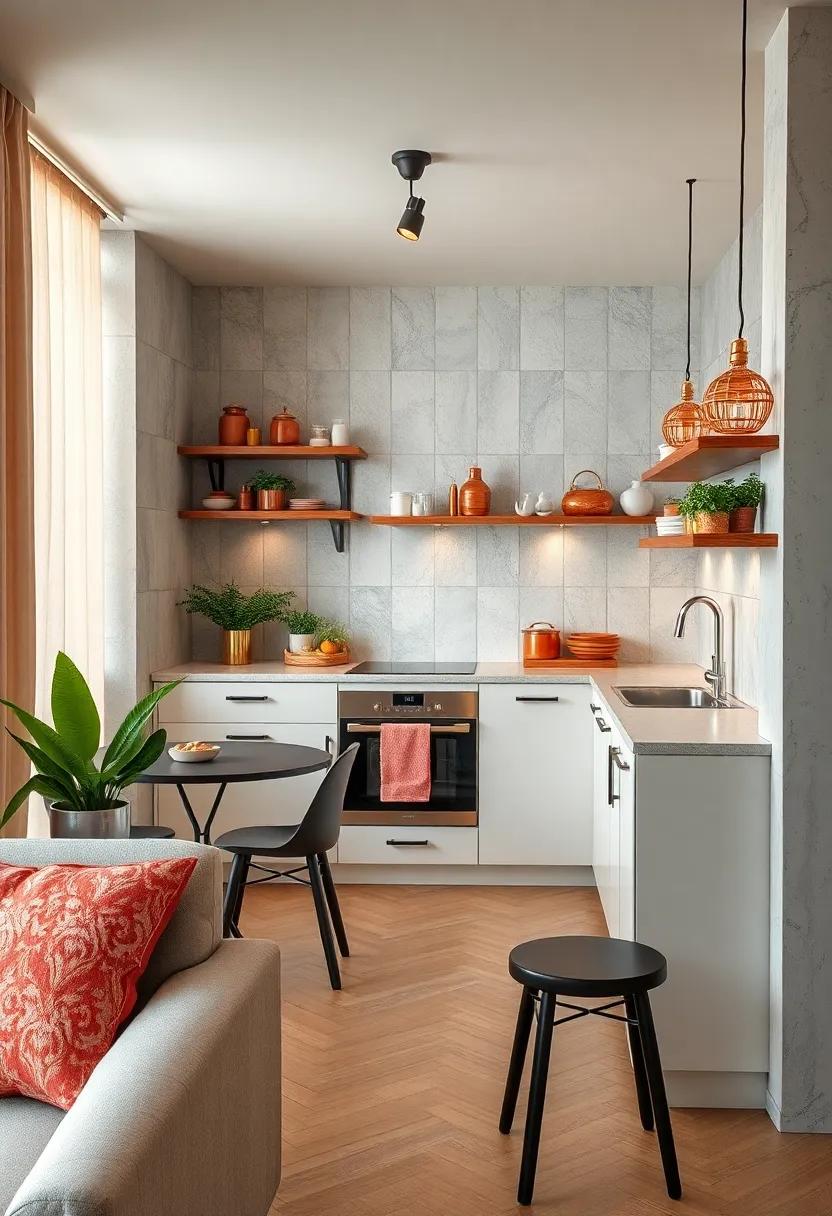 Copper and Brass Accents Reflecting Light and Adding Warmth to Small Kitchen Areas