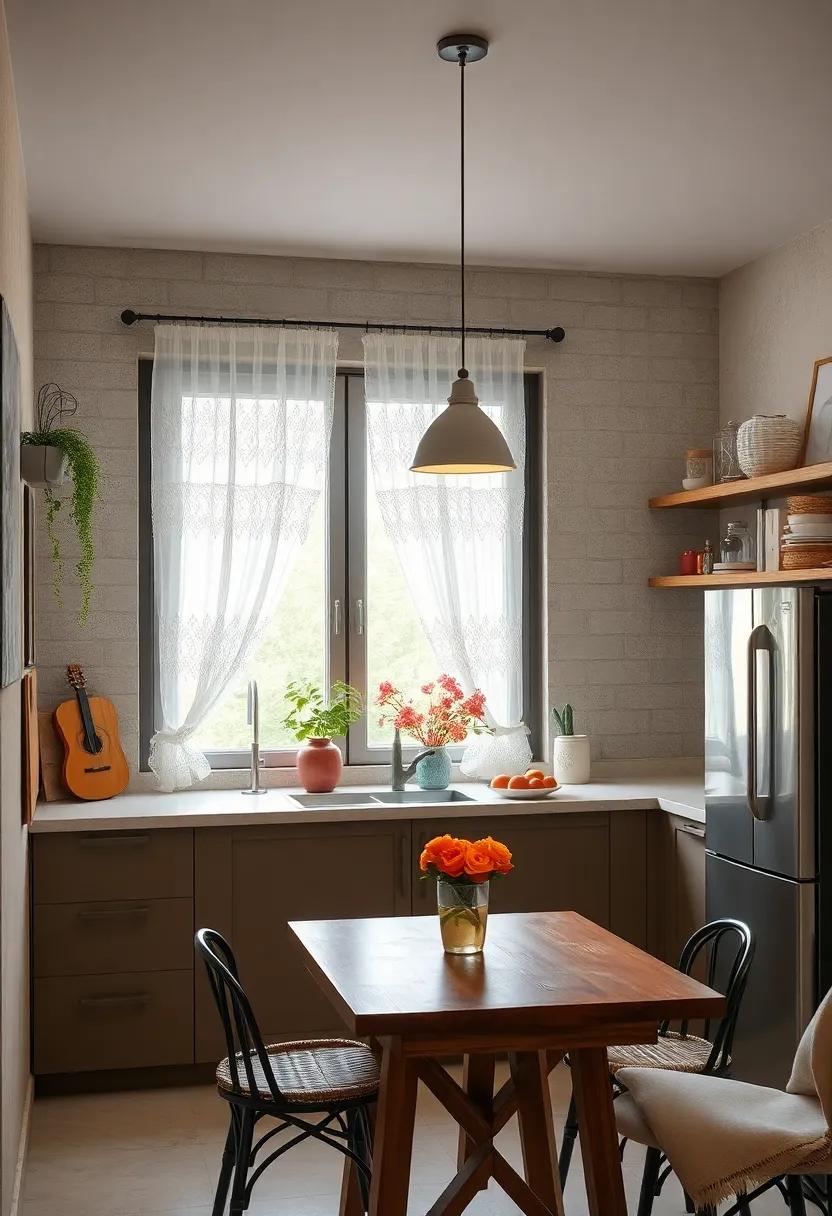 Delicate Lace Curtains and Soft Drapery Softening the Look of Rustic Kitchen Windows