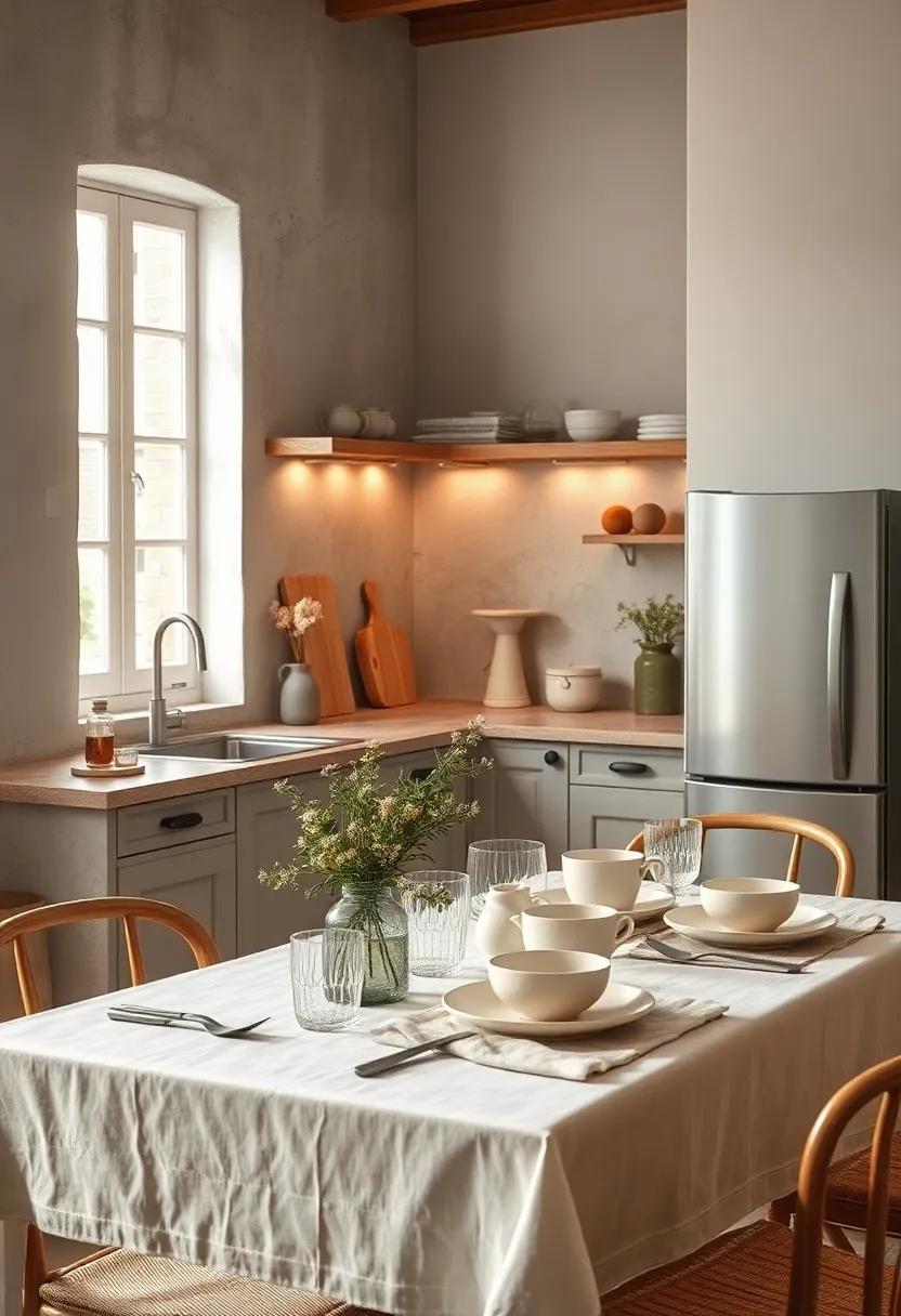 Neutral Linen Tablecloths and Handcrafted Crockery Setting a Refined Cozy Kitchen Scene