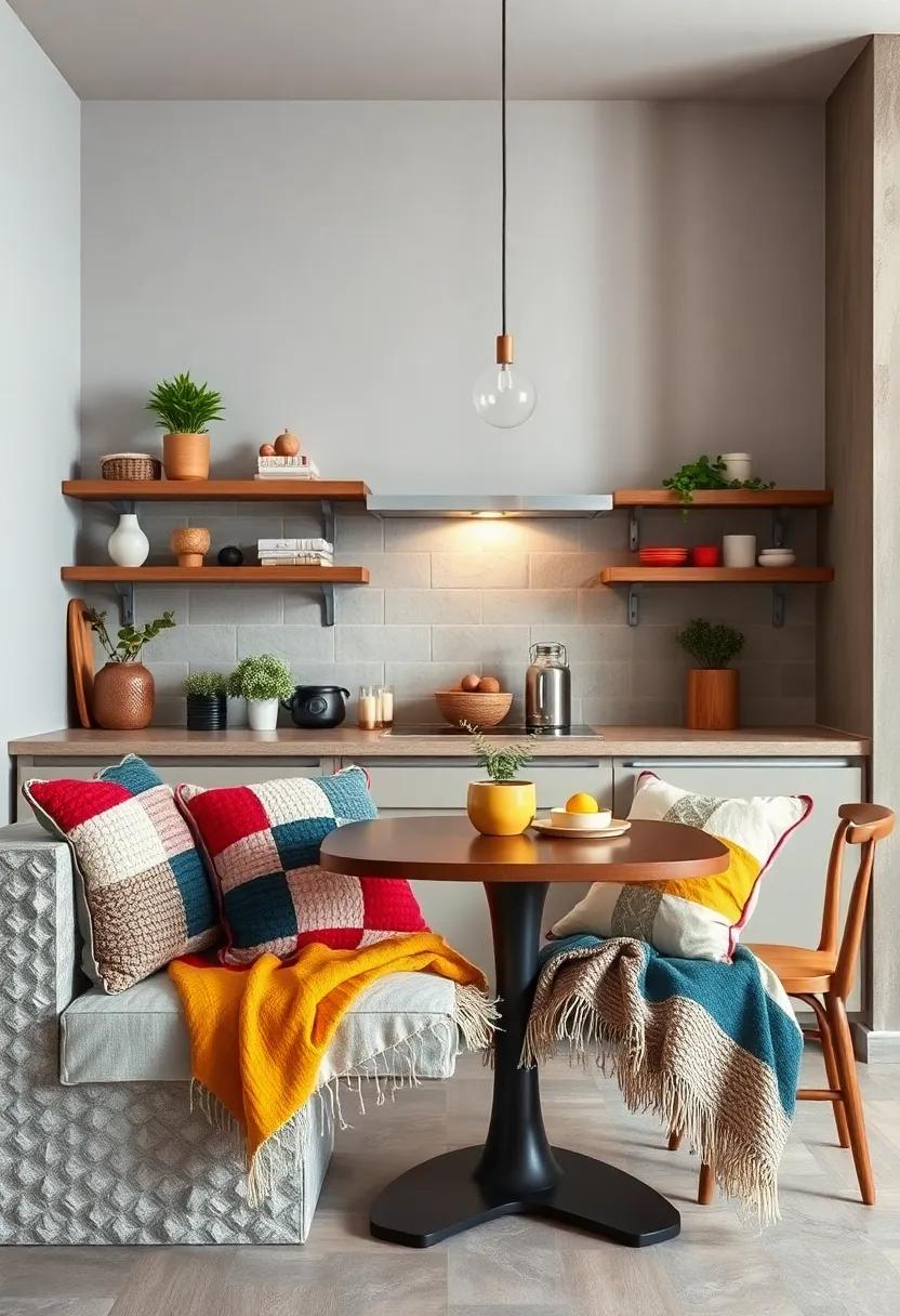 Patchwork Cushions and Colorful Throws Making Small Kitchen Benches Feel Warm and Welcoming