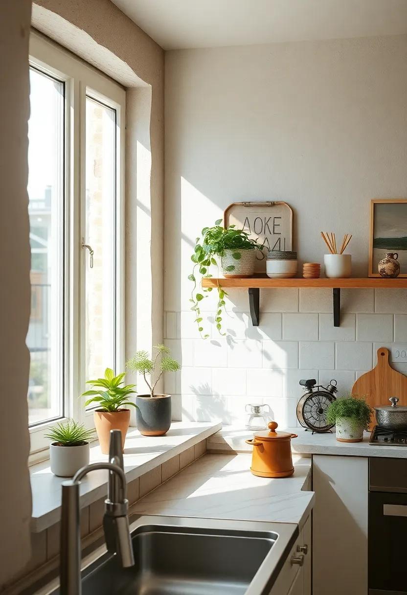 Sunlit Kitchen Windowsills Adorned with Small Plants and Vintage Kitchen Accessories