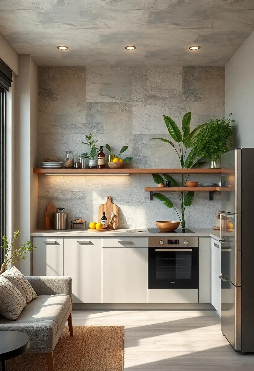 Textured Wallpaper Featuring Nature Motifs to Bring Serenity into Apartment Kitchen Corners