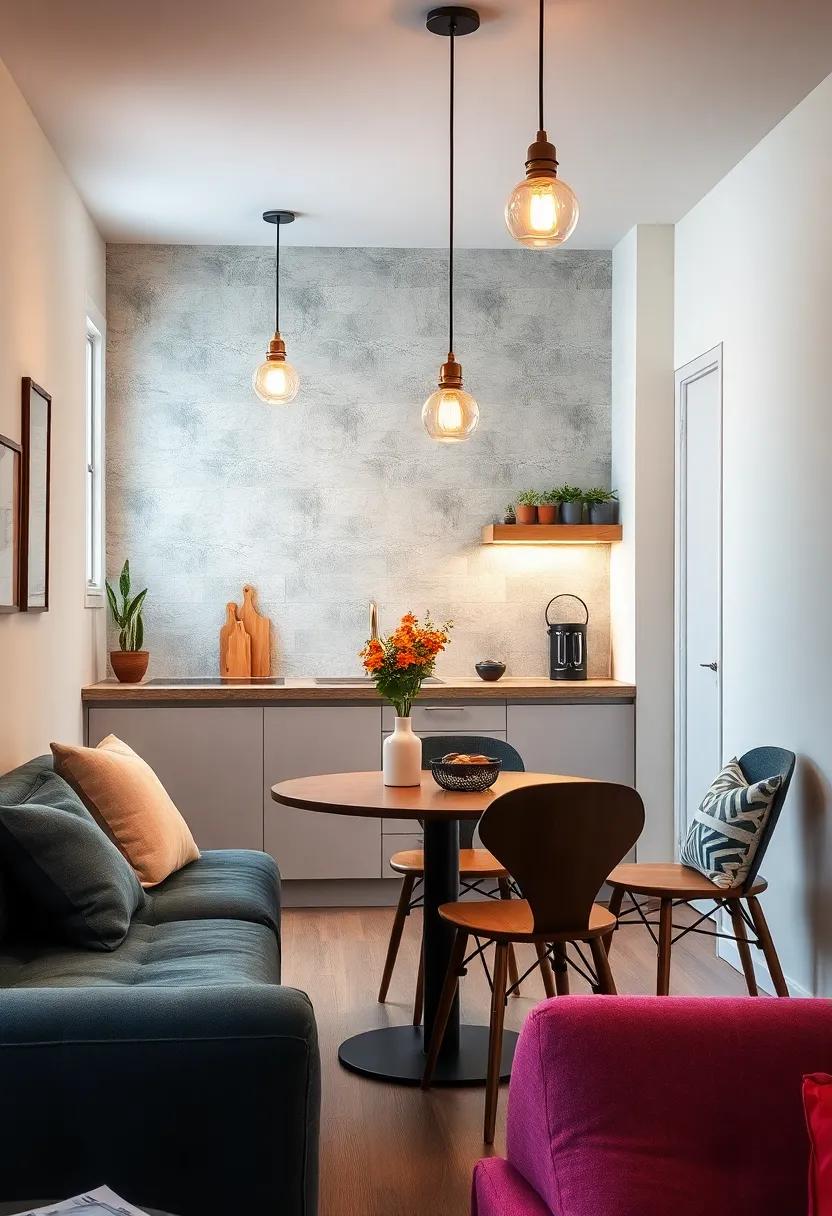 Vintage-Inspired Lighting Fixtures Casting a Soft Glow Over Compact Kitchen Dining Areas