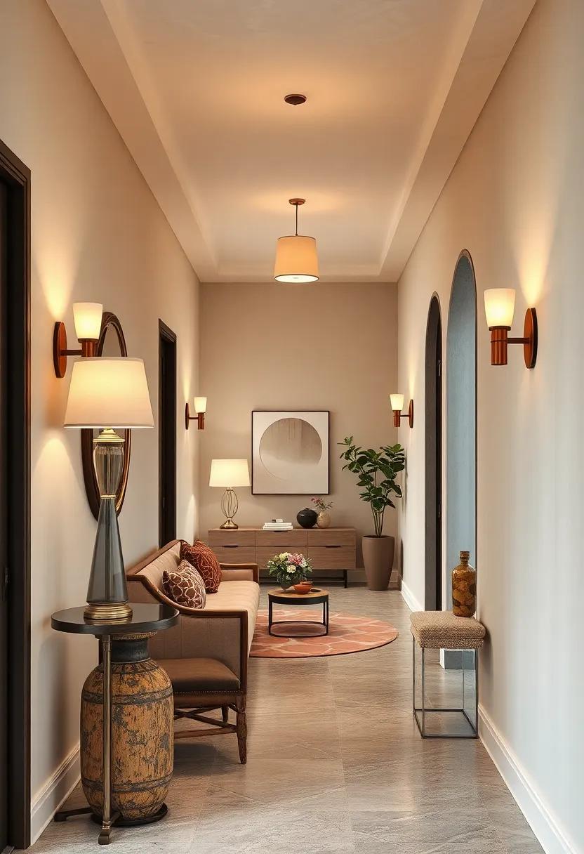 Accenting Hallway Lighting Fixtures with Cream Lampshades for a Cozy, Muted Glow