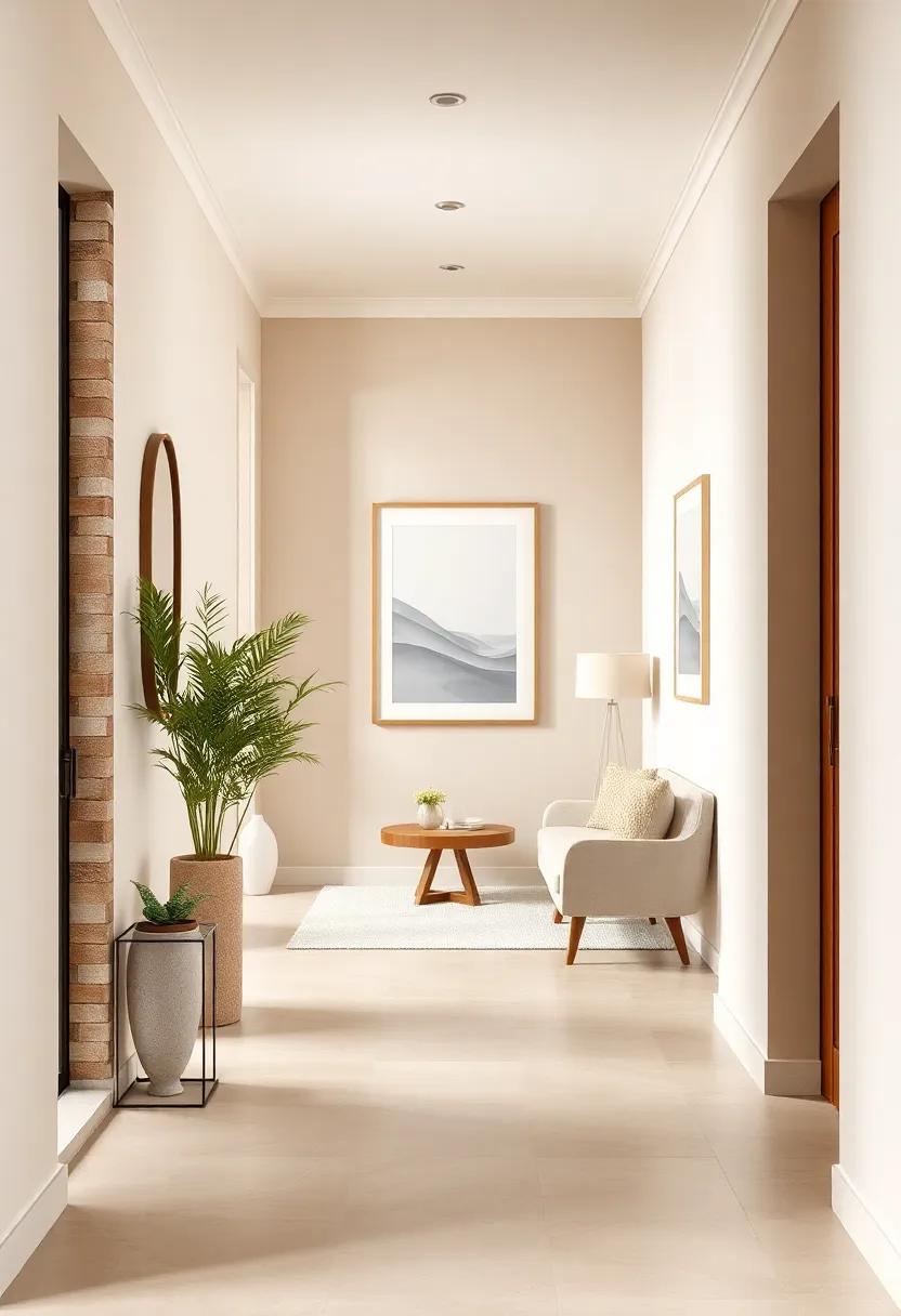 Arranging Minimalist Artwork in Creamy Frames to Elevate a Subtle Beige Hallway Backdrop