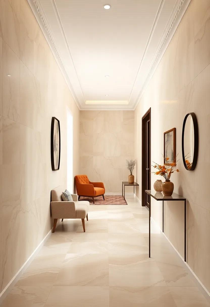 Blending Glossy Cream Tiles and Matte Beige Paint Surfaces for a Sophisticated Contrast in Hallway Spaces