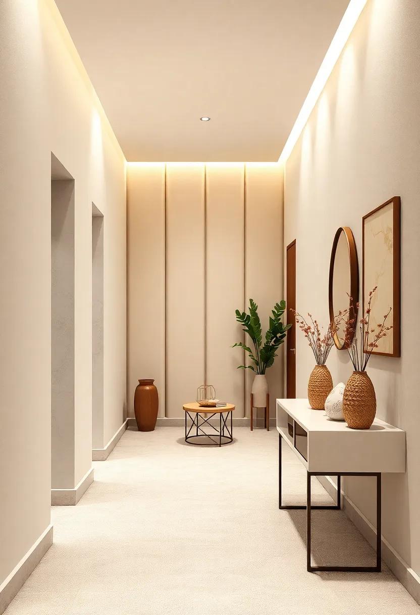 Combining Cream Upholstered Wall Panels with Pale Beige Carpets for a Plush and Quiet Hallway Retreat