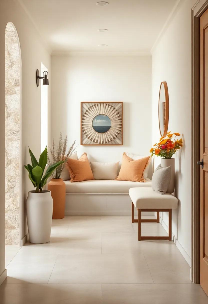 Crafting a Cozy Seating Nook in the Hallway Using Beige Cushions and Cream Upholstered Benches