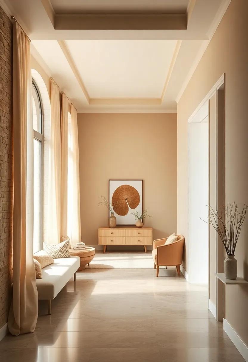 Decorating with Soft, Flowing Curtains in Cream to Soften Hallway Windows Against Beige Walls