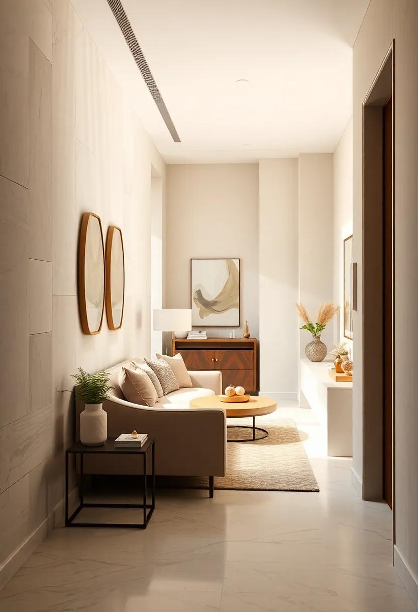 Elevating a Small Hallway with Monochromatic Beige and Cream Furniture Shapes and Soft Curves